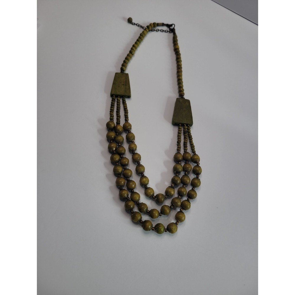 Green Multi Strand Beaded Necklace Olive Statement Boho Tribal Style Jewelry - Picture 5 of 9
